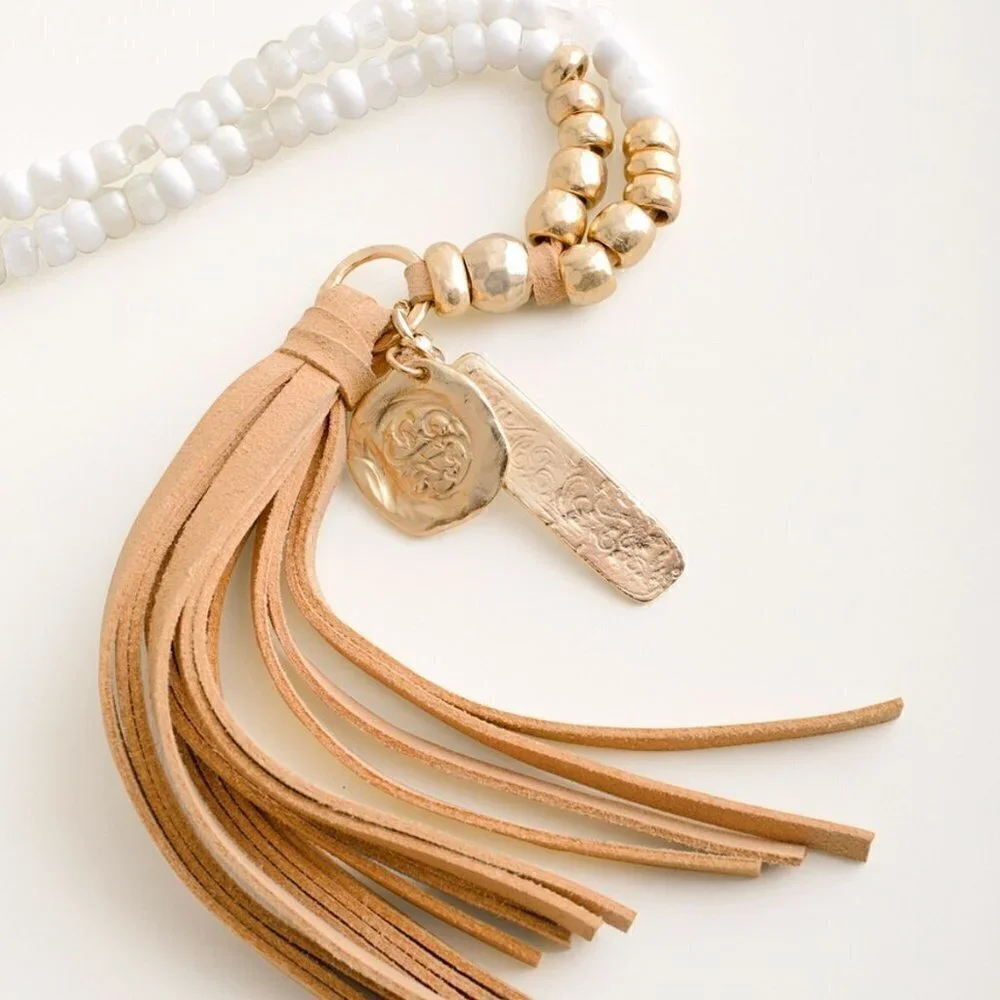 NWOT Chico's White And Gold-Tone Bead Faux Suede Tassel Wen Pendant Necklace